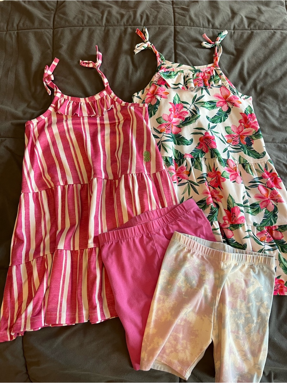 Tommy Bahama Girls Pink Floral & Stripe Dress Set - Pink, White, Green
